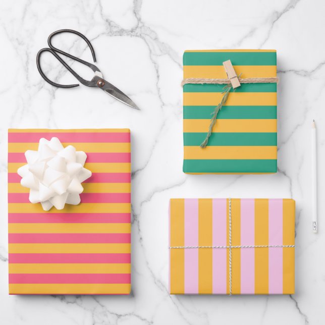 Pastel Pink, Rose, Jade and Sunglow Yellow Stripes Wrapping Paper Sheets (Front)