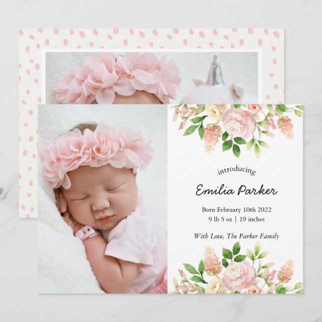 Pastel Pink Rose | Modern Elegant Floral Birth Announcement (Front/Back)