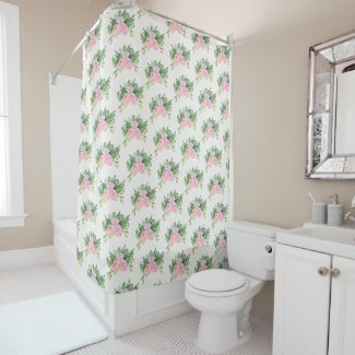Pastel Pink, Rose Peony Cluster w Eucalyptus Shower Curtain