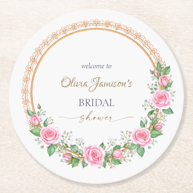 Pastel Pink Roses & Baby’s Breath Bridal Wreath Round Paper Coaster (Front)