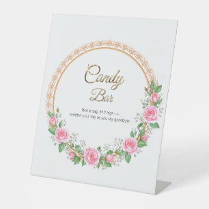 Pastel Pink Roses & Baby’s Breath Candy Bar Pedest Pedestal Sign