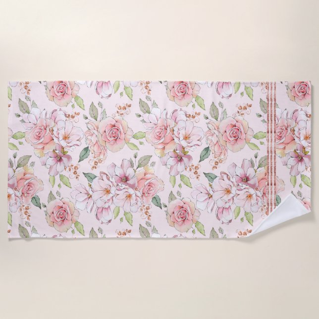Pastel pink roses floral collage beach towel (Front)