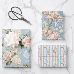 Pastel Pink Roses French Blue Foliage Stripes Wrapping Paper Sheets