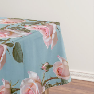 Pastel Pink Roses On A Soft Sky Blue Background  Tablecloth