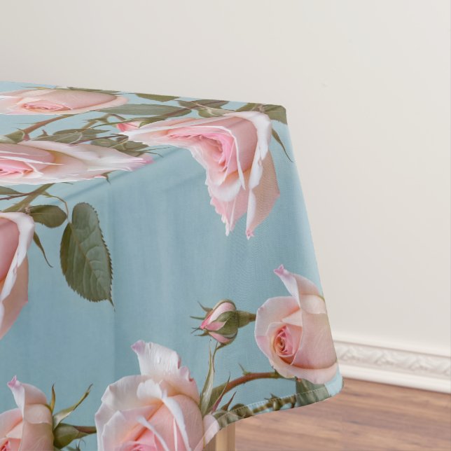 Pastel Pink Roses On A Soft Sky Blue Background  Tablecloth (In Situ)