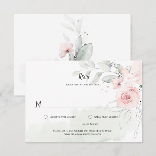 Pastel Pink Roses Pale Green Leaves Floral RSVP (Front/Back)
