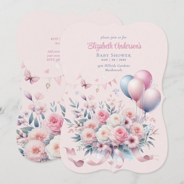 Pastel Pink Roses Ribbons Baby Shower Elegant Soft Invitation (Front/Back)