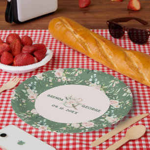 Pastel pink roses watercolors pattern on green paper plates