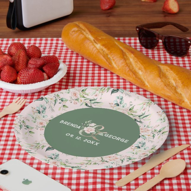 Pastel pink roses watercolors seamless pattern pap paper plates (Picnic)