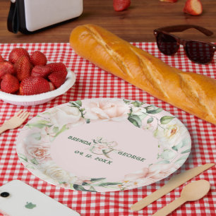Pastel pink roses watercolors wreath paper plates