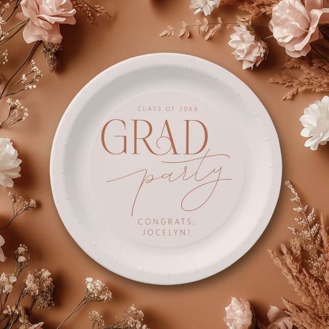Pastel Pink Rust Minimalist Grad Party Paper Plates (Shown on a 9" round paper plate)