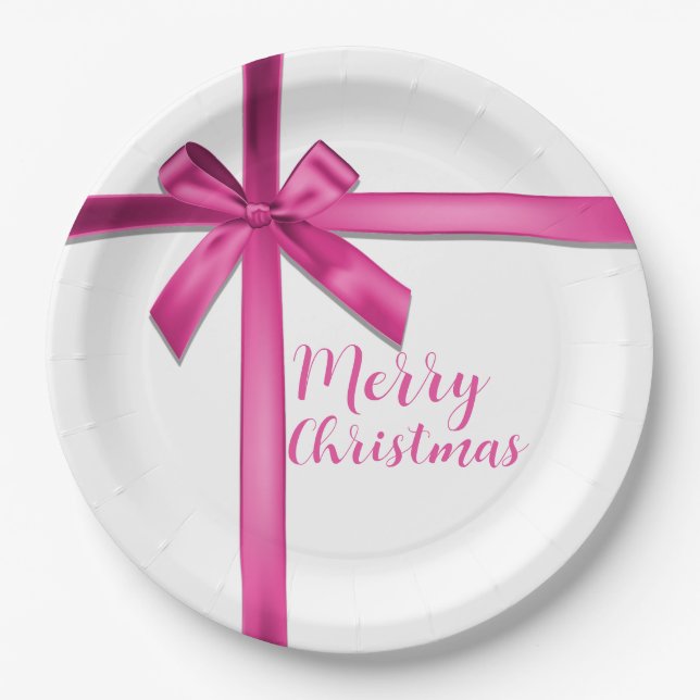 Pastel Pink Satin Ribbon Bow Birthday Party Paper Plates (Front)