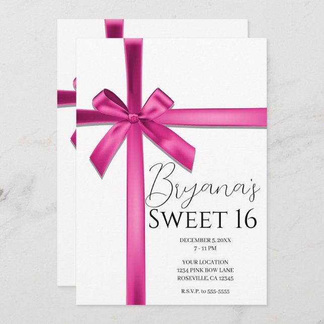 Pastel Pink Satin Ribbon Bow Sweet 16 Party  Invitation (Front/Back)