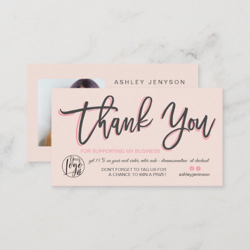 Pastel pink script photo logo order thank you business card