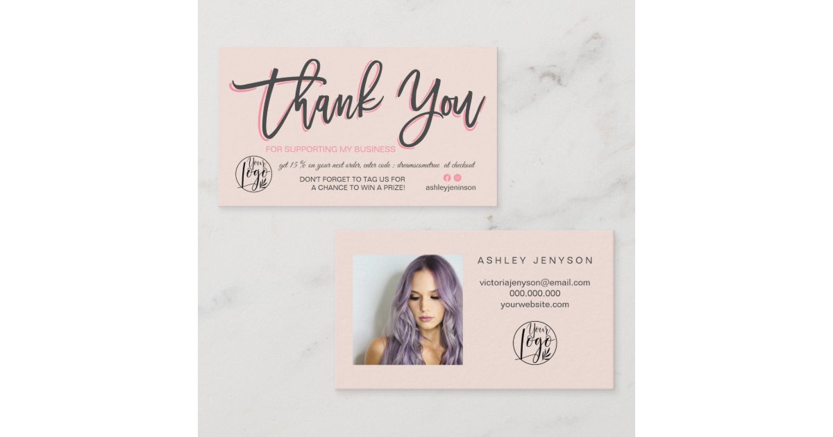 Pastel pink script photo logo order thank you business card | Zazzle