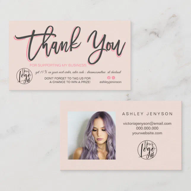 Pastel pink script photo logo order thank you business card | Zazzle