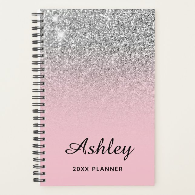 Pastel Pink Silver Glitter Ombre Personalized Planner (Front)