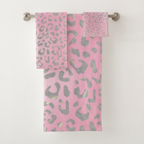 Pastel Pink Silver Leopard Print Bath Towel Set