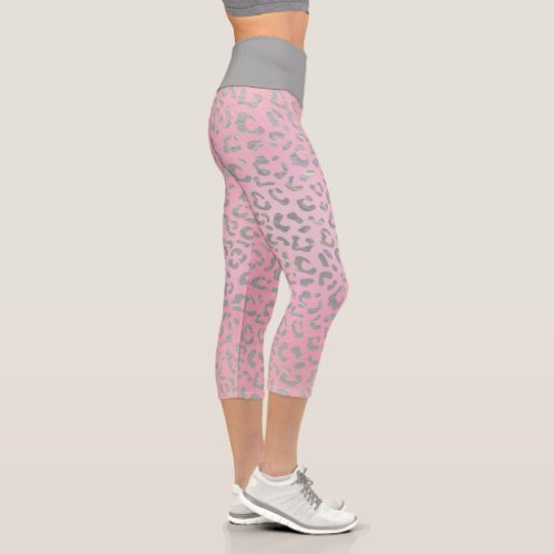 Pastel Pink Silver Leopard Print Capri Leggings