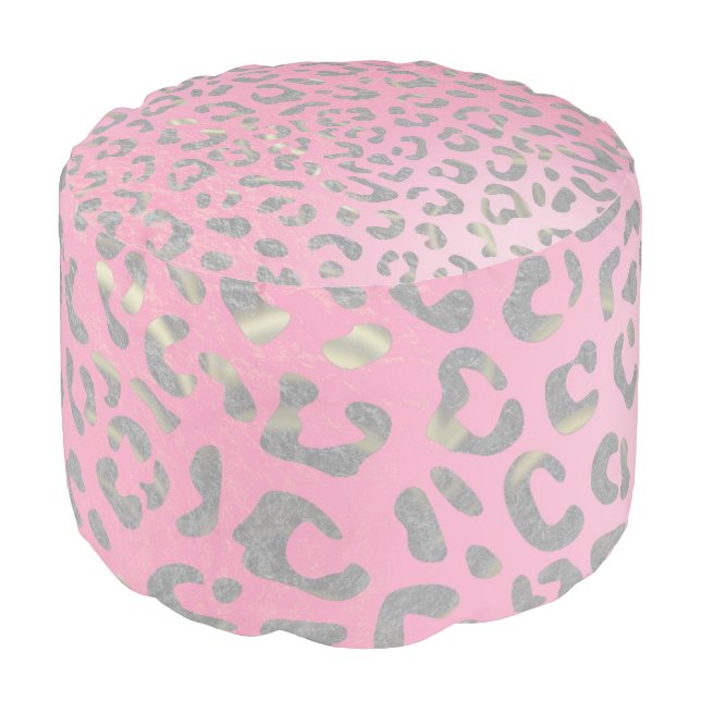 Pastel Pink Silver Leopard Print Pouf (Angled Front)