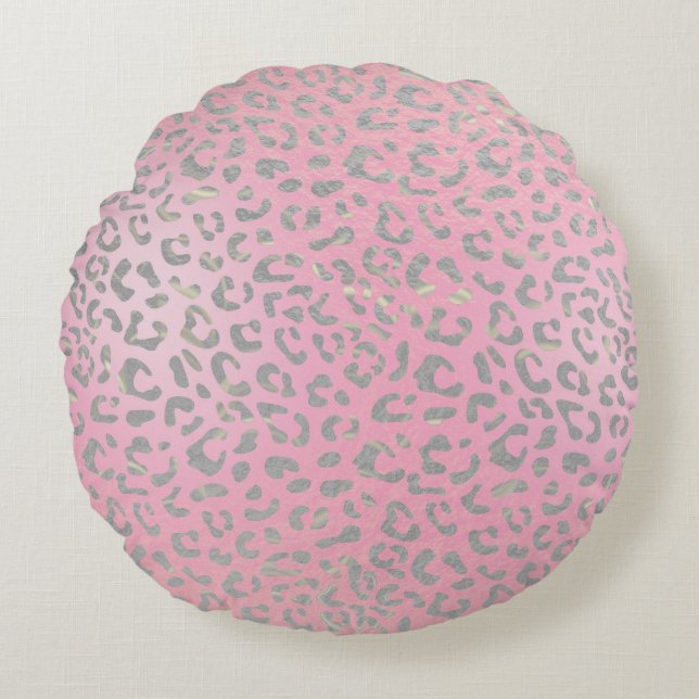 Pastel Pink Silver Leopard Print Round Pillow (Front)