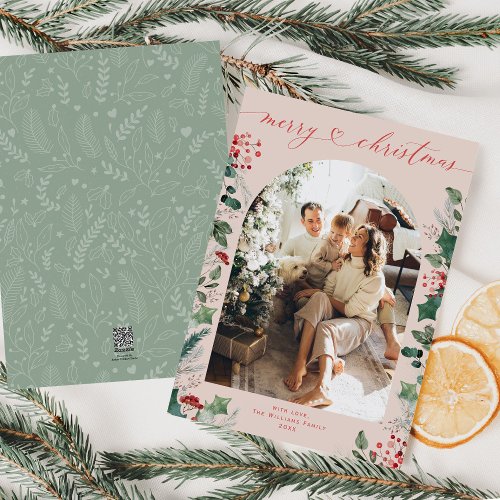Pastel Pink Simple Boho Family Christmas Cards