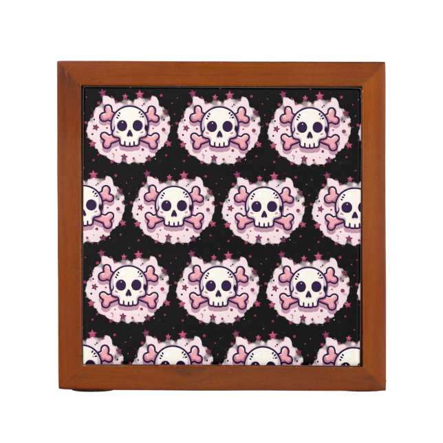 Pastel Pink Skull and Crossbones Desk Organizer (Front)