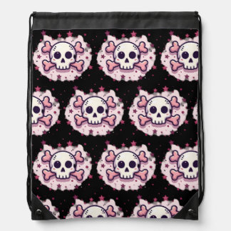 Pastel Pink Skull and Crossbones Drawstring Bag