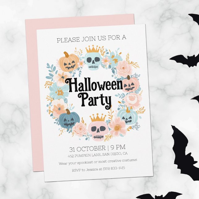 Pastel Pink Skull Pumpkin Cute Halloween Party Invitation (Pastel Pink Skull Pumpkin Cute Halloween Party Invitation)