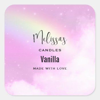Pastel Pink Sky With A Rainbow Candle Business Square Sticker by Mirribug at Zazzle