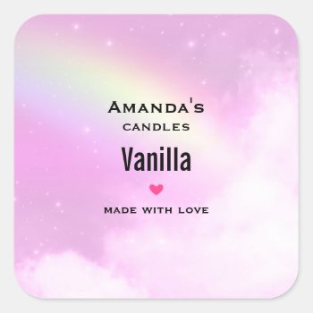 Pastel Pink Sky With A Rainbow Candle Business Square Sticker by Mirribug at Zazzle