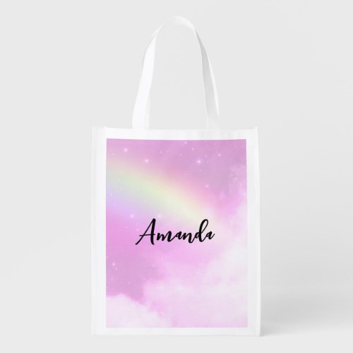 Pastel Pink Sky with Yellow Rainbow Grocery Bag
