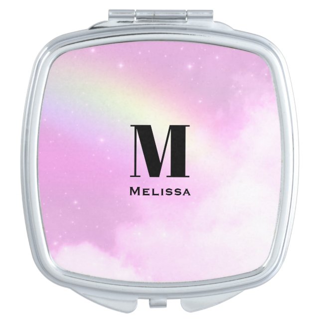 Pastel Pink Sky with Yellow Rainbow Monogram Compact Mirror (Front)