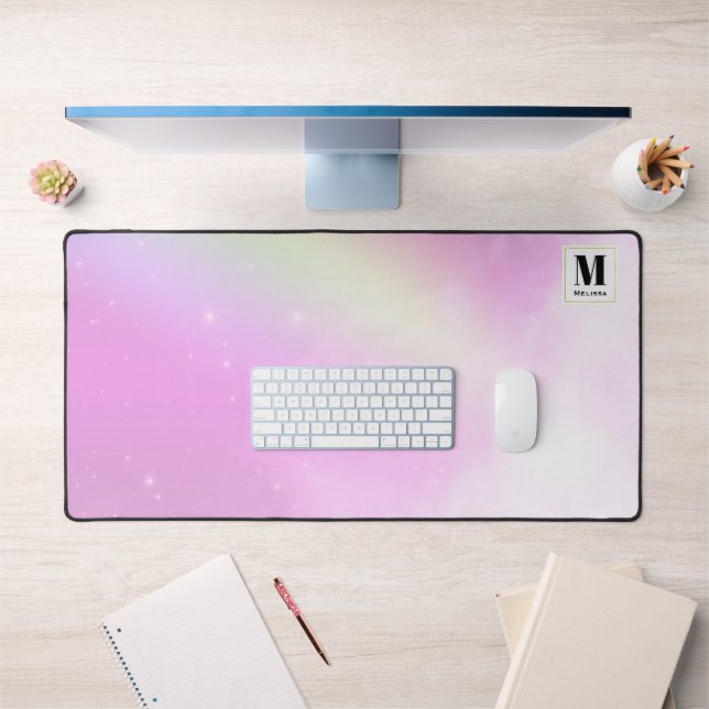 Pastel Pink Sky with Yellow Rainbow Monogram Desk Mat (Office 1)