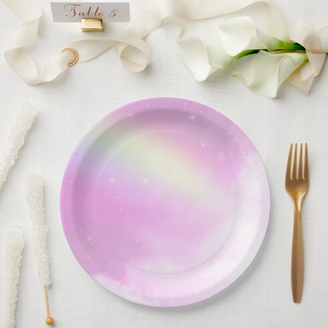 Pastel Pink Sky with Yellow Rainbow Paper Plates (Wedding)