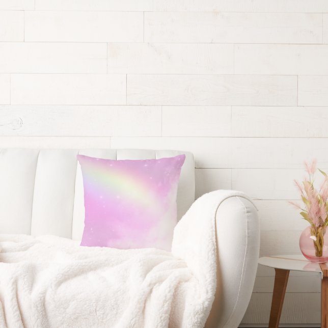 Pastel Pink Sky with Yellow Rainbow Throw Pillow (Couch)