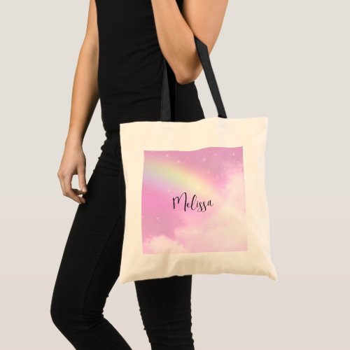 Pastel Pink Sky with Yellow Rainbow Tote Bag