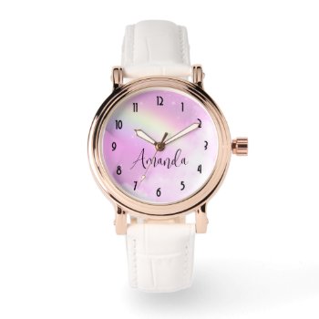Pastel Pink Sky With Yellow Rainbow Watch by Mirribug at Zazzle