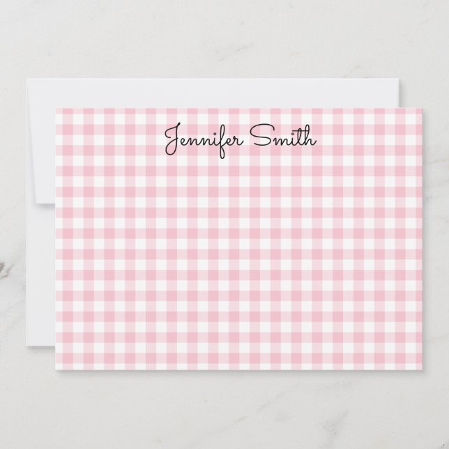 Pastel Pink Small Gingham Whimsical Calligraphy Note Card (Front)
