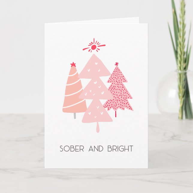 Pastel Pink Sober and Bright Christmas Tree Thank You Card (Front)