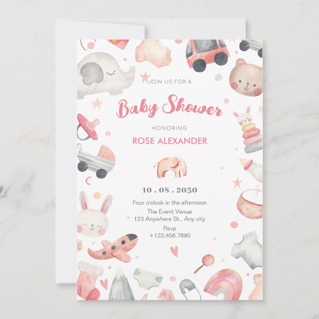 Pastel pink soft baby shower invitation (Front)