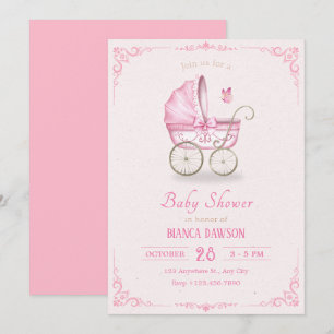 Pastel pink soft baby stroller baby shower invitation