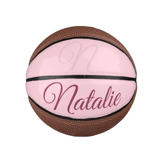 Pastel pink solid color monogrammed mini basketball (Front)
