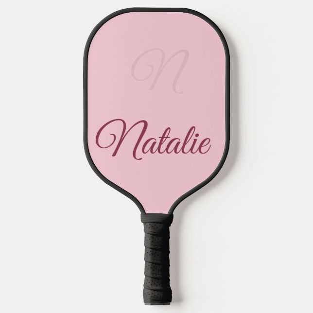 Pastel pink solid color monogrammed pickleball paddle (Front)