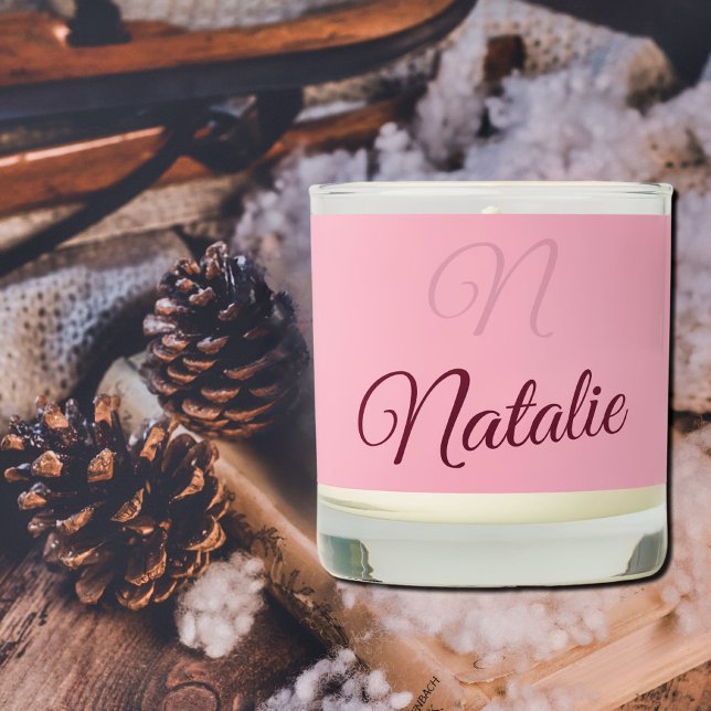 Pastel pink solid color monogrammed scented candle (Creator Uploaded)