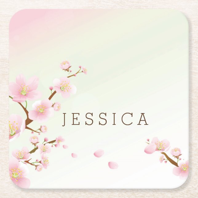 Pastel Pink Spring Floral Blossom Square Paper Coaster (Front)