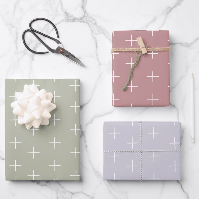 Pastel Pink, Spring Green, Lilac Purple Plus Sign Wrapping Paper Sheets (Front)