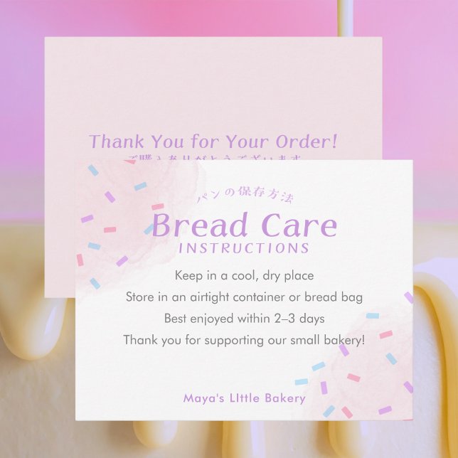 Pastel Pink Sprinkle Bread Care Instructions Thank You Card (Creator Uploaded)