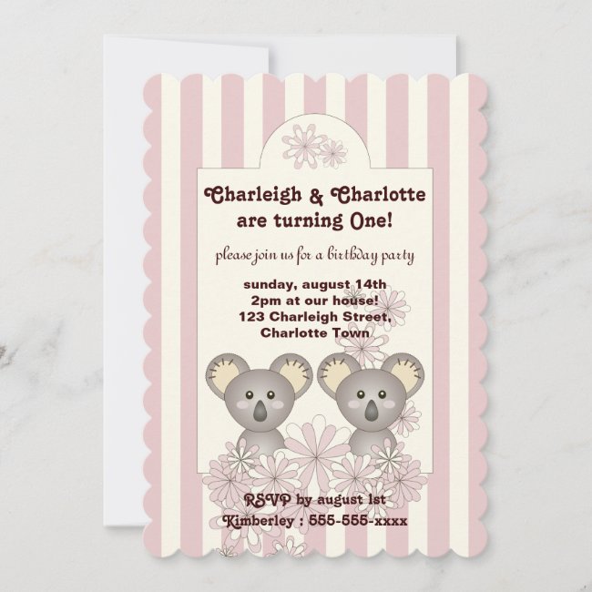 Pastel Pink Stripe Baby Koala Twin Girl Birthday