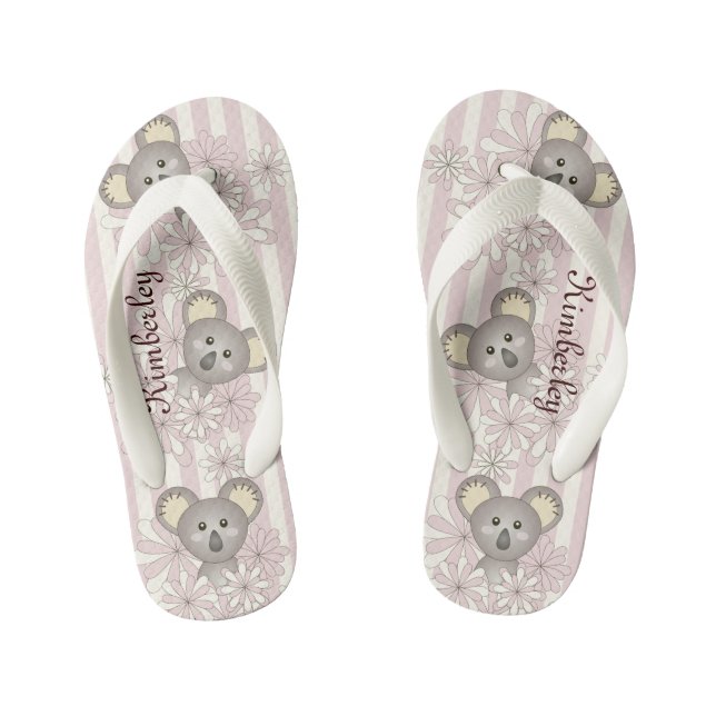 Pastel Pink Stripe Cute Baby Koala Bear Girl Kid's Flip Flops (Footbed)